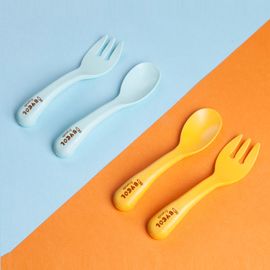 [I-BYEOL Friends]  Baby Self Spoon and Fork Yellow _ Toddler and Kids, Toddler Utensils, Microwave Dishwasher Safe, BPA Free, Made in Korea